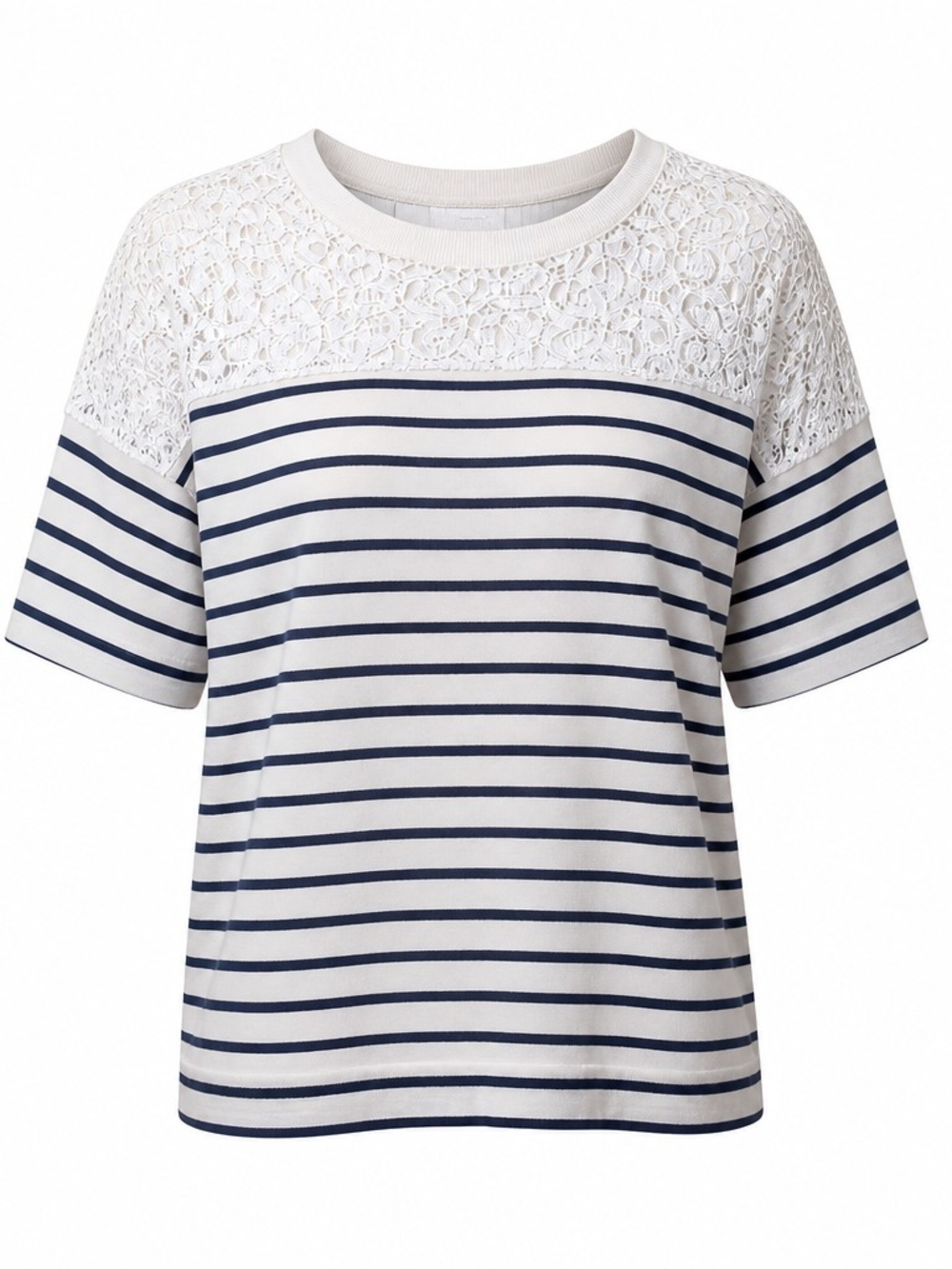 ANA A New Approach Top Blouse XS White Navy Blue Stripe Lace Short Dolman Sleeve